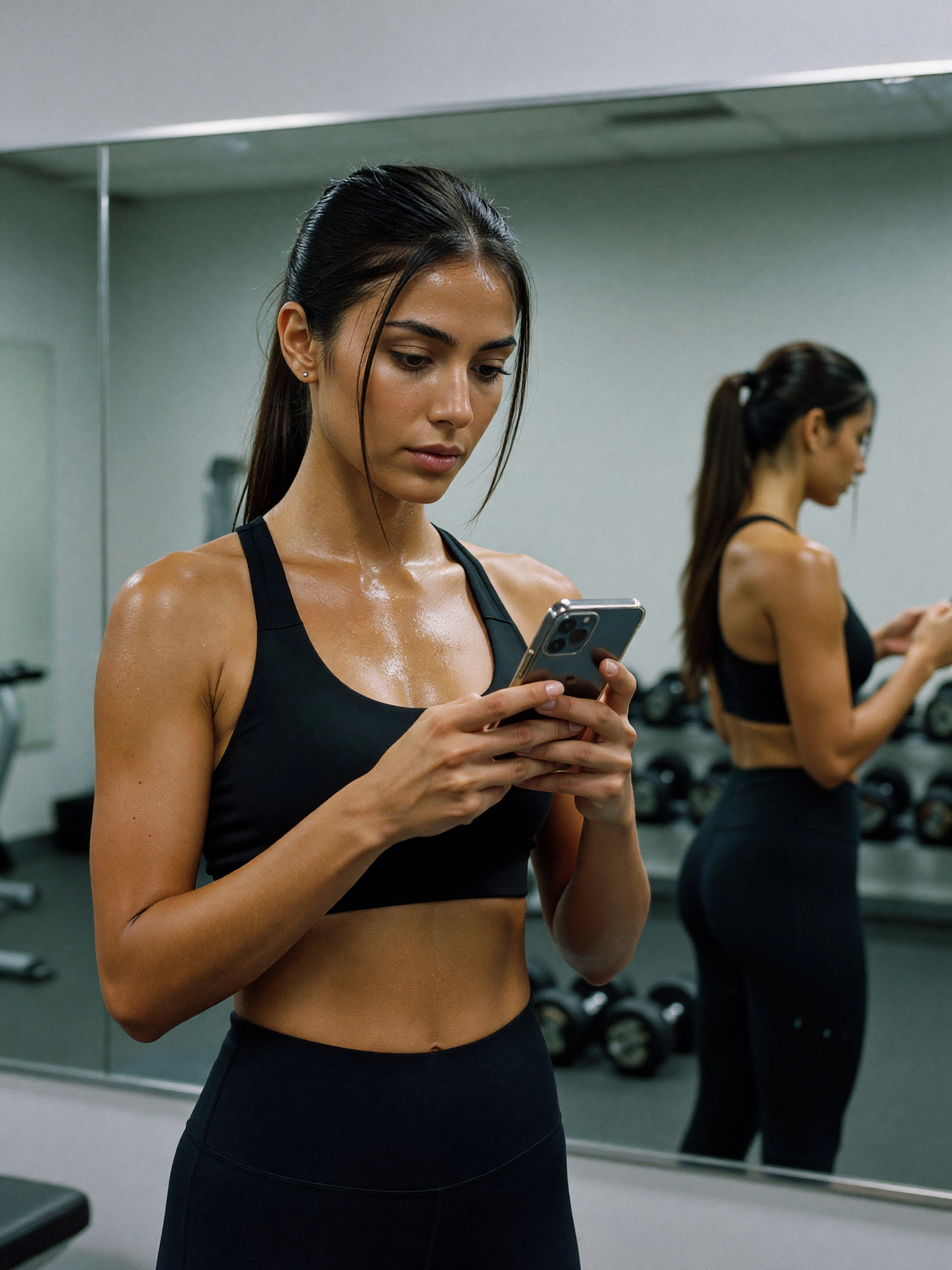sweat dripping, sports bra on, mid-set and still fixing my ponytail #workout