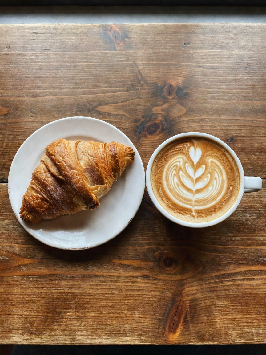 Perfect window seat, fresh croissant, and a latte with that beautiful art on top