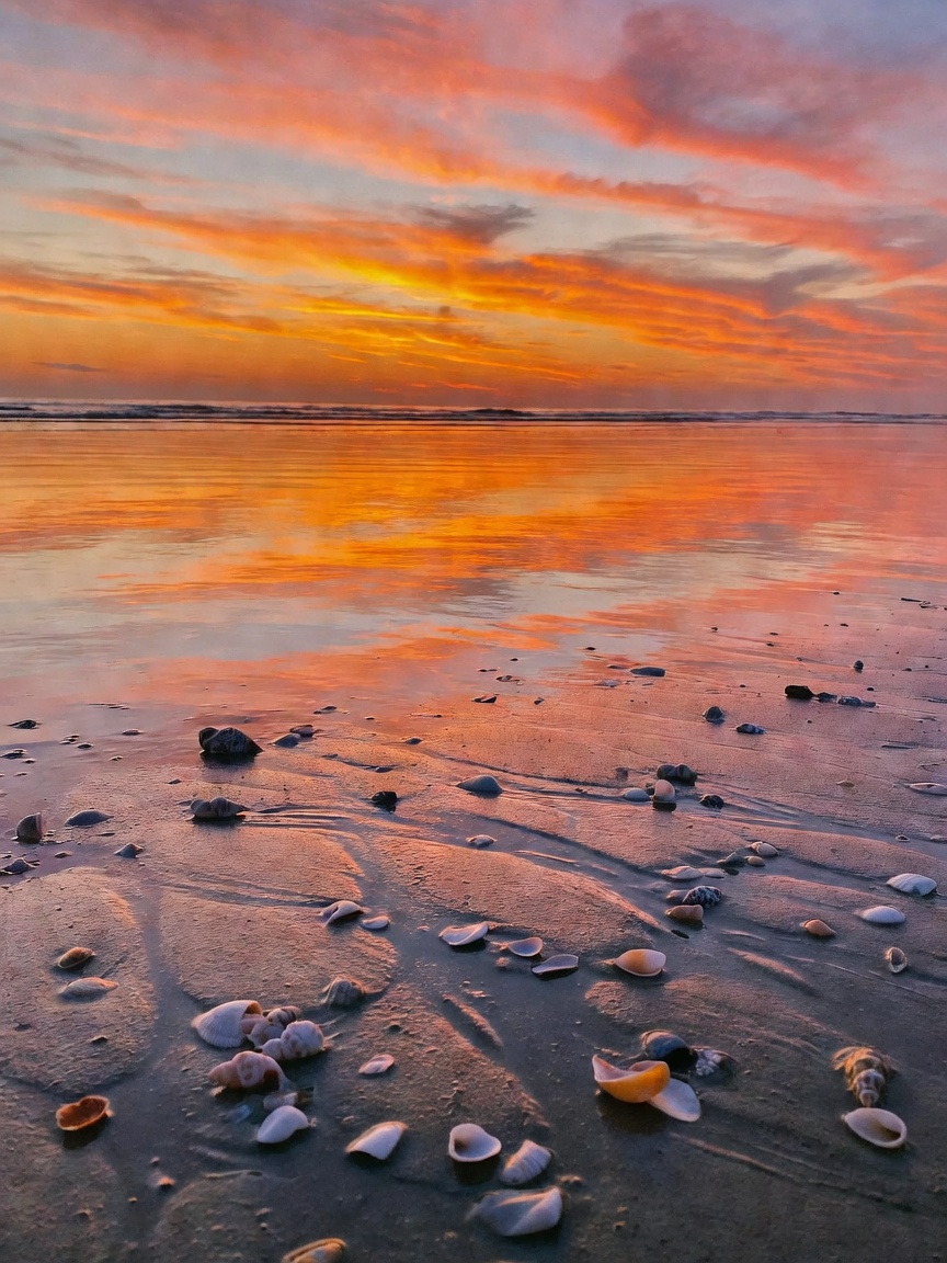 sunset hitting the water just right and these shells I collected are perfect. no
