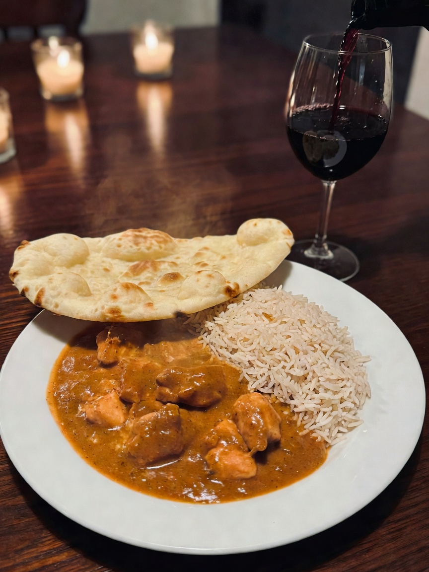 finally treating myself after that long shoot day. the butter chicken was everything and that wine p