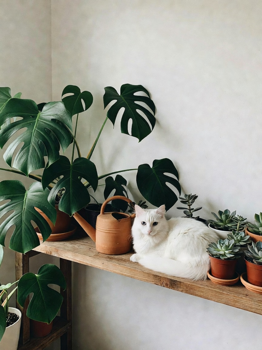 finally gave the new monstera its own shelf and repotted three succulents this m