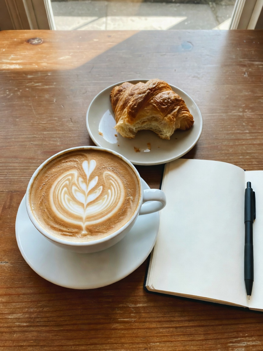 Fueling up with a perfect flat white and reviewing some new recipes before the k