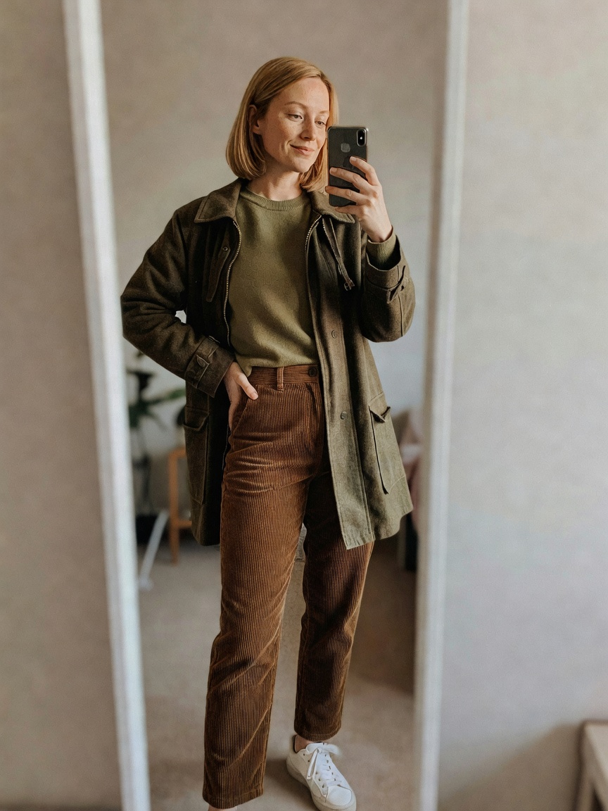 proper layered up for a drizzly sunday walk, thrifted jumper doing the heavy lif