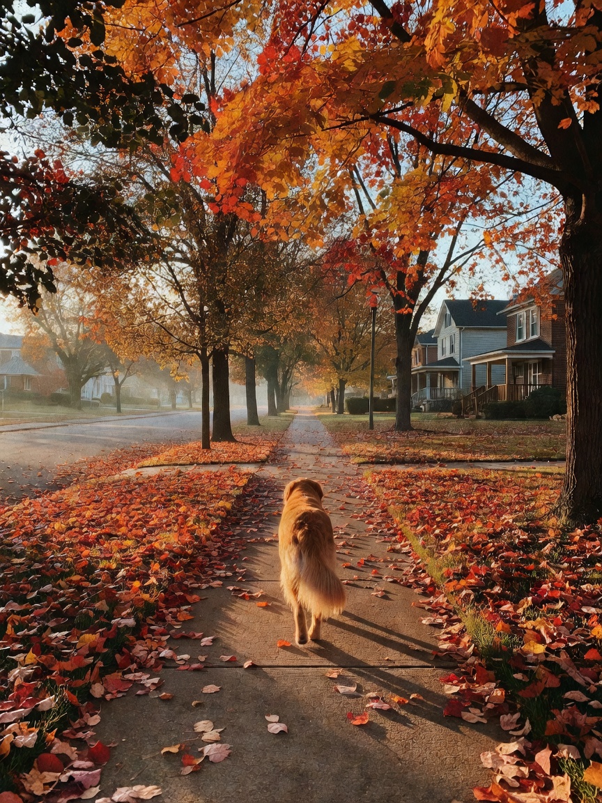 Early sunrise walk with the pup. Nothing beats the crunch of autumn leaves and a