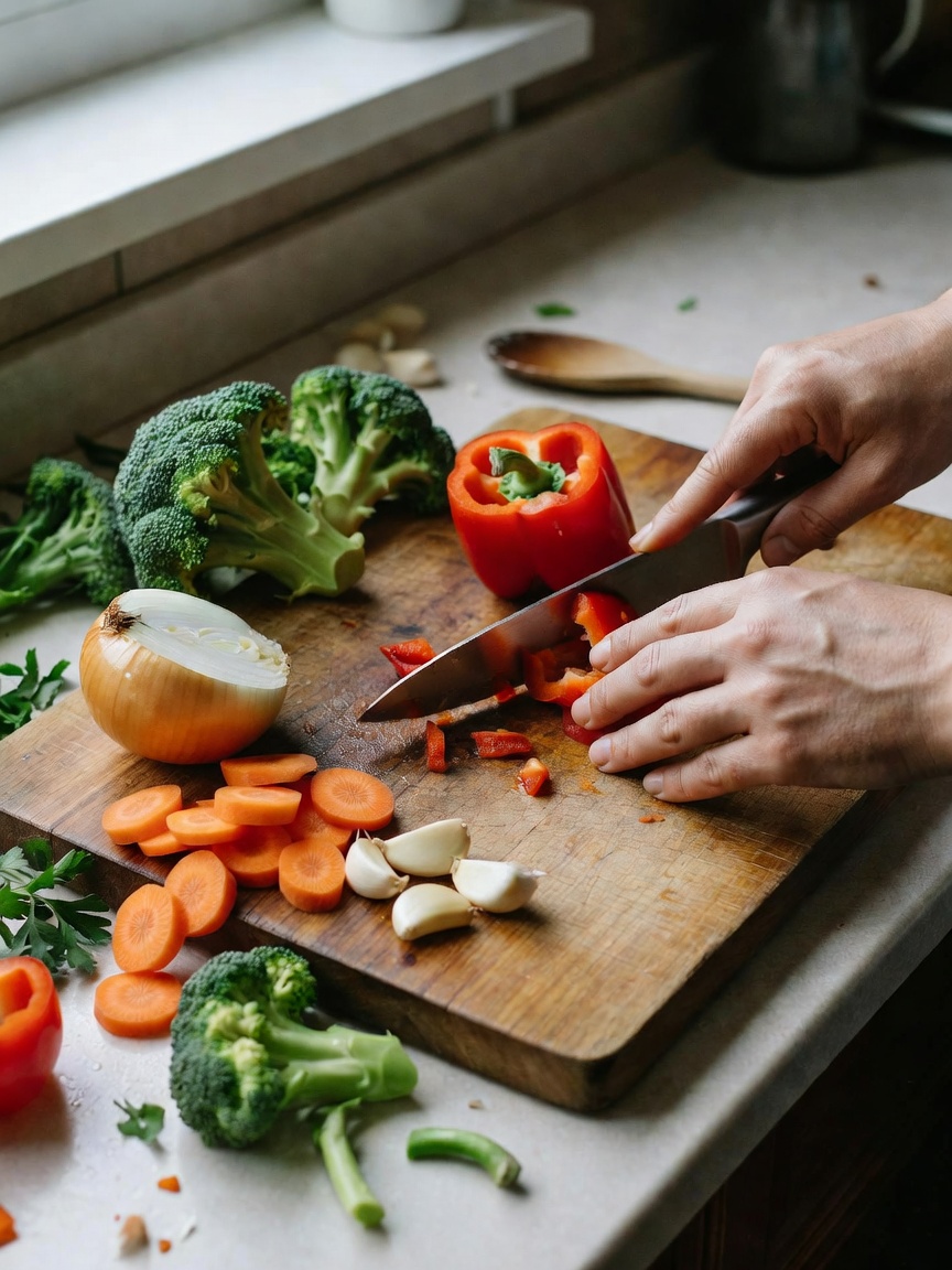 Sunday meal prep in progress. Chopping fresh veg for stir fry, recipe tweaking a