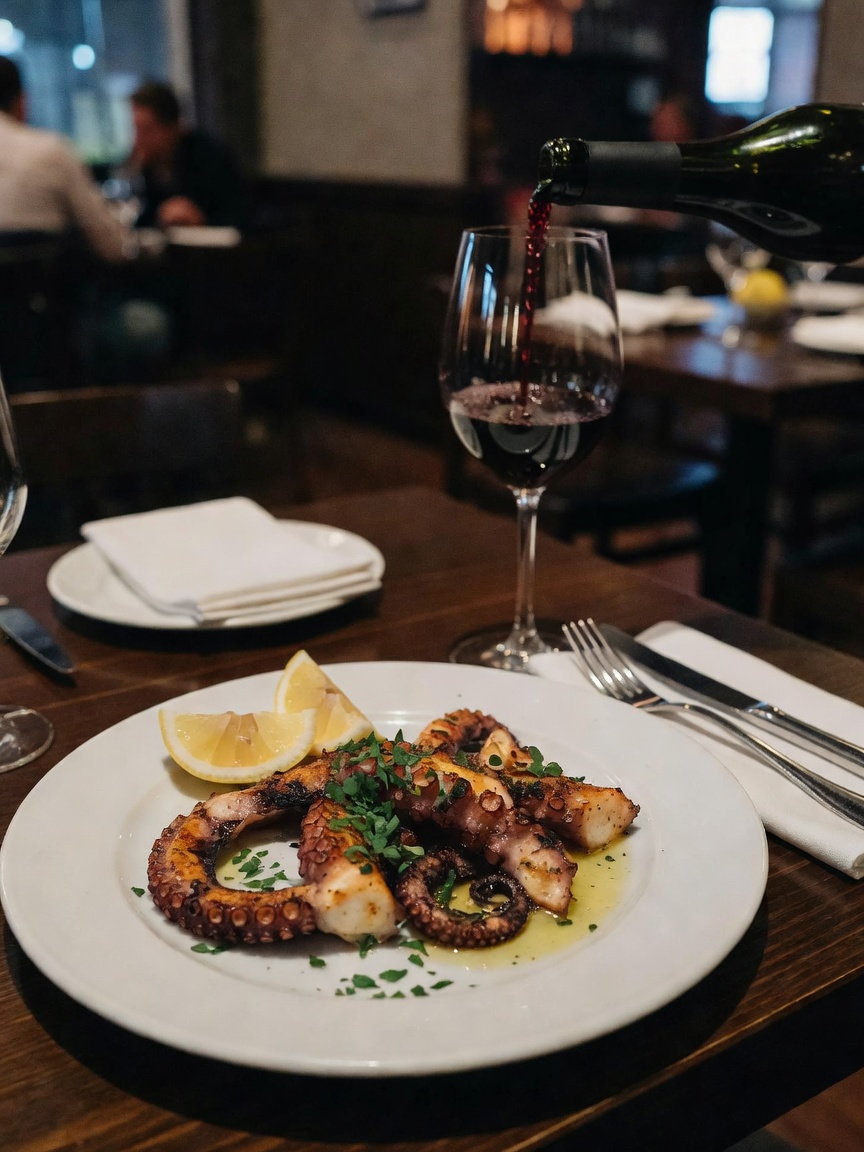 Slow dinner for one that turned into the perfect evening. That wine pour and the