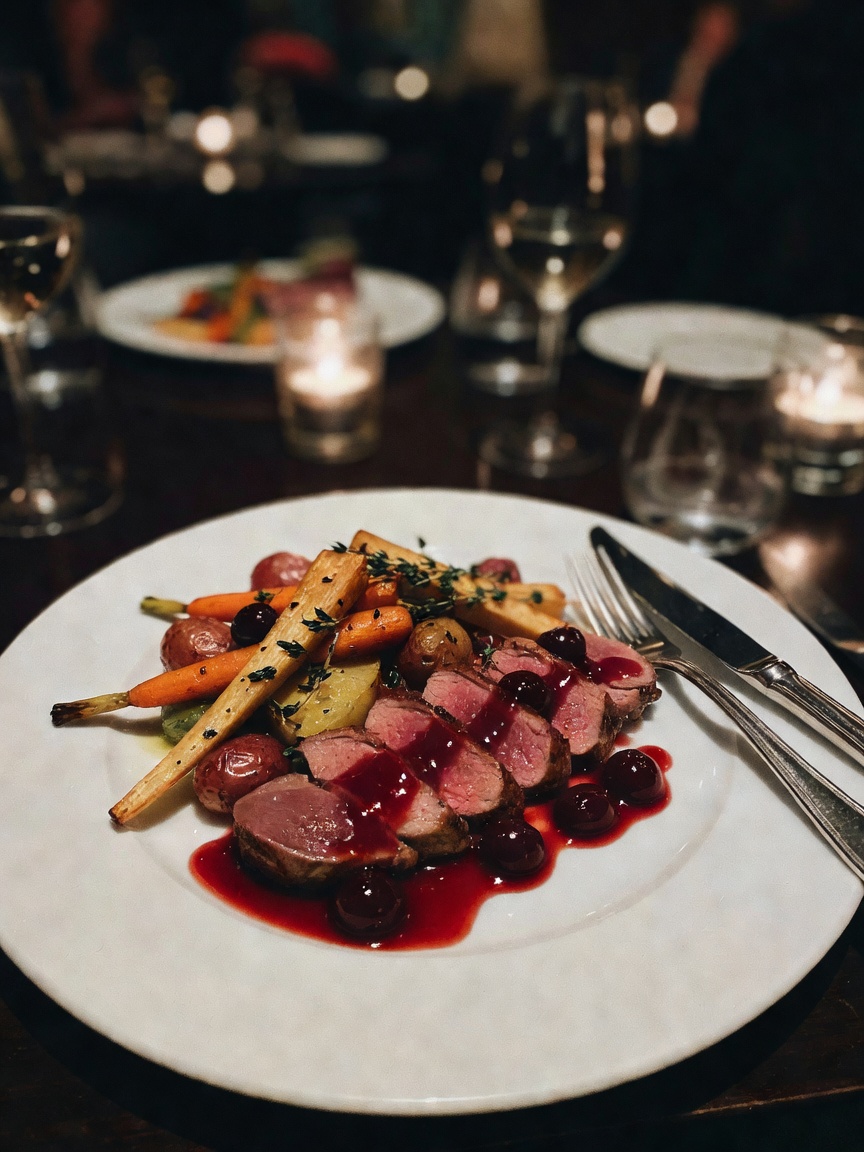 this duck breast with cherry sauce was absolute perfection. the wine pour was th