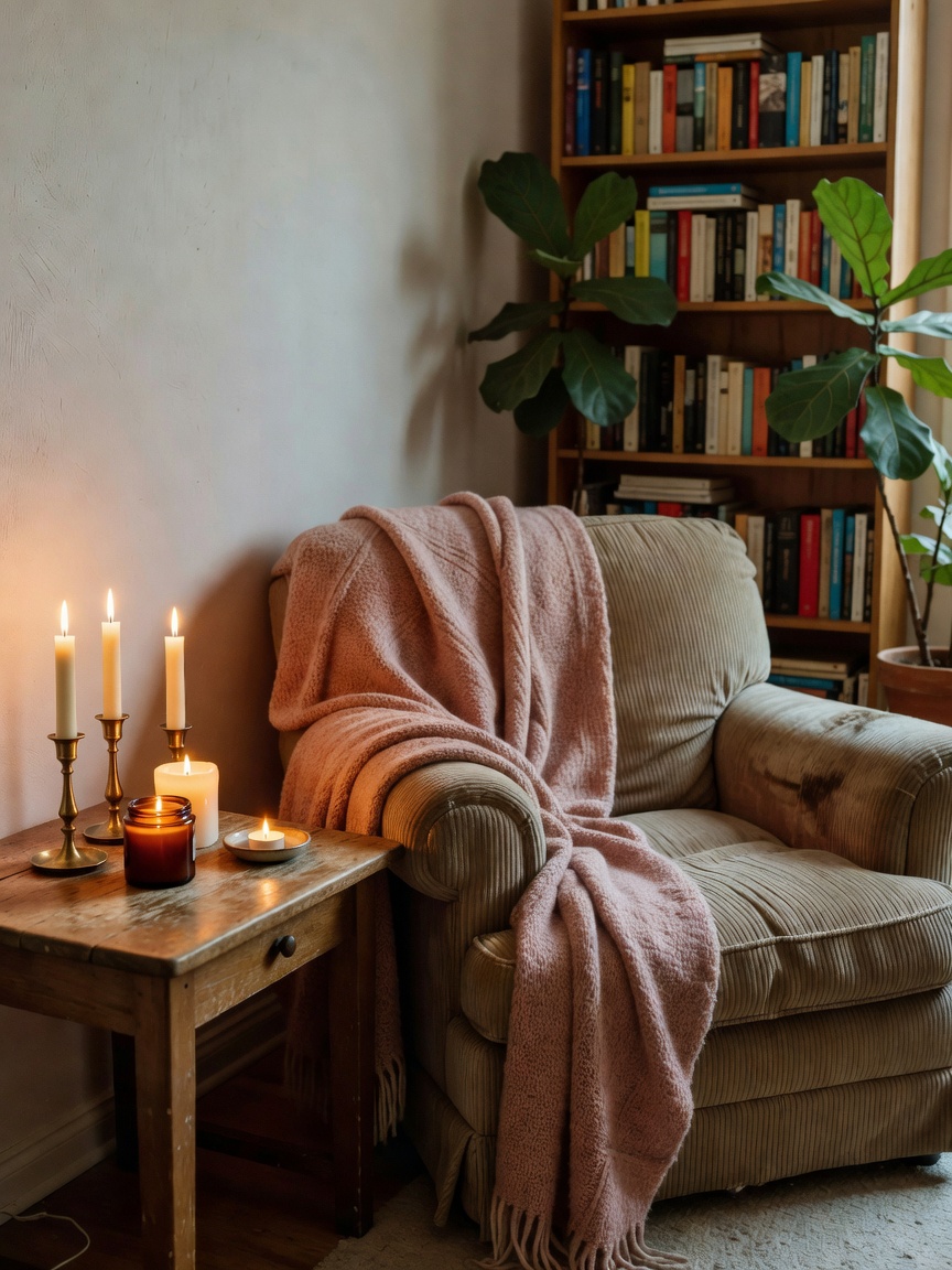 finally finished setting up this reading nook in the corner, candles lit and eve