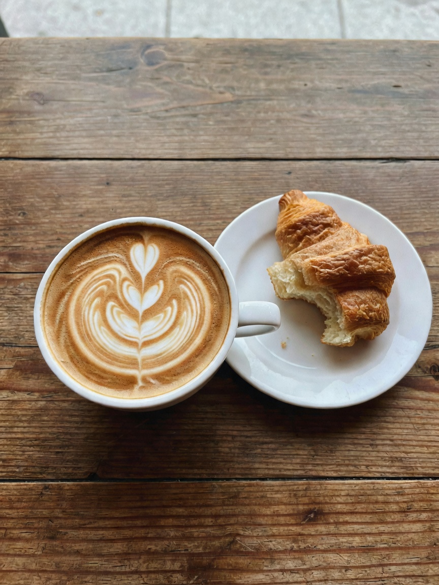 slow morning with perfect latte art and a flaky croissant. good book, better cof