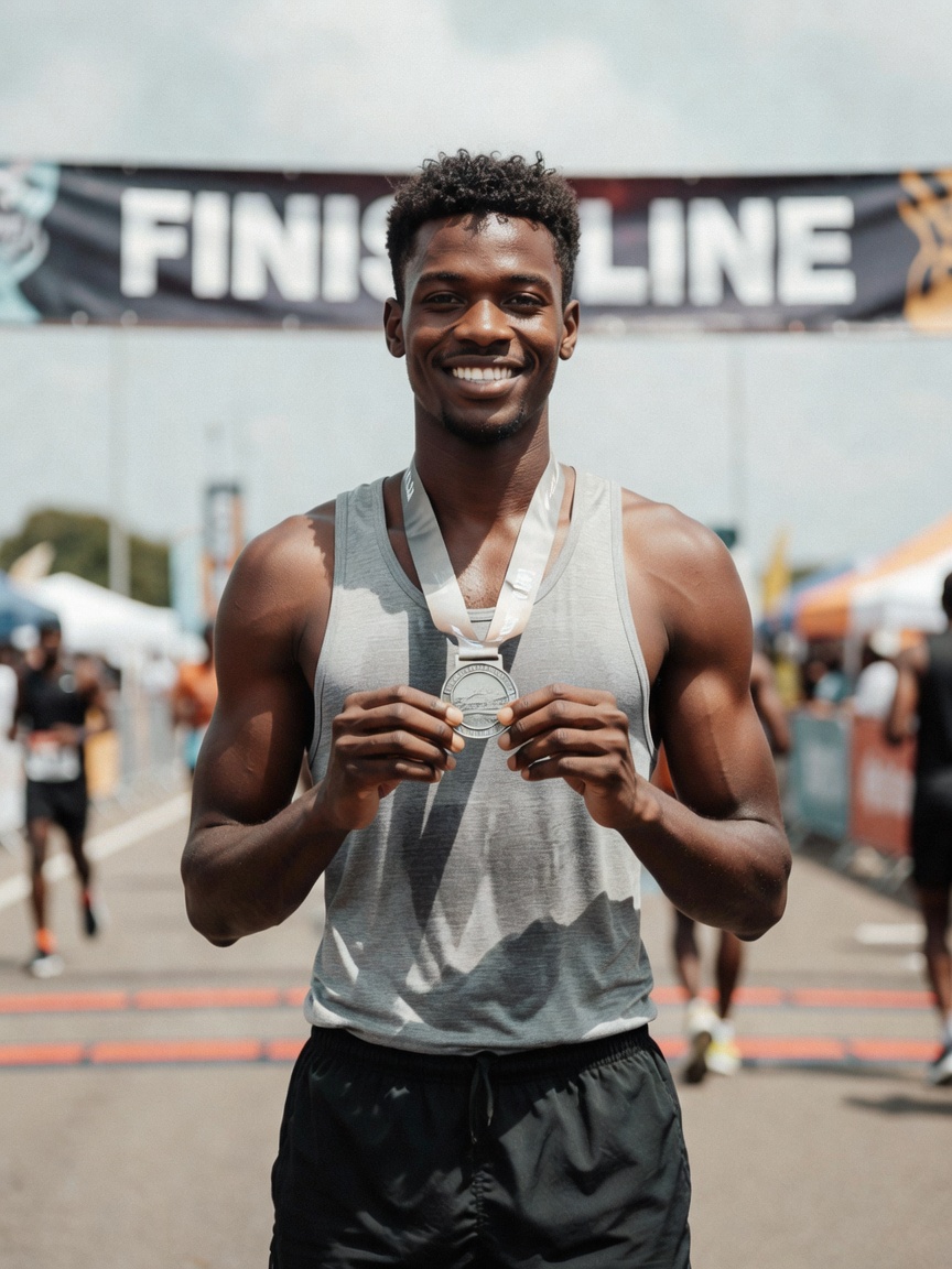 Crossed that finish line with the sun on my back and the crowd cheering. Medal e