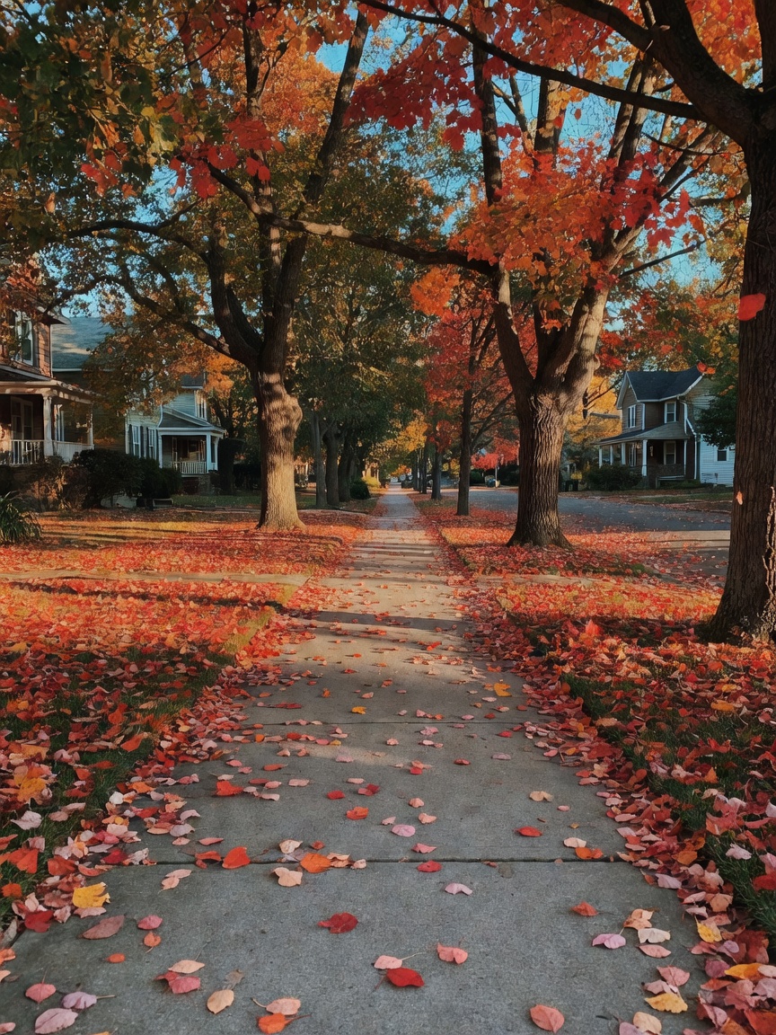 quick sunrise walk around the block before the day gets busy. leaves are finally