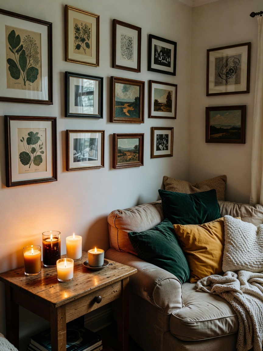Finally finished setting up this cozy corner in my place. Candles lit, favorite books on the shelf, 