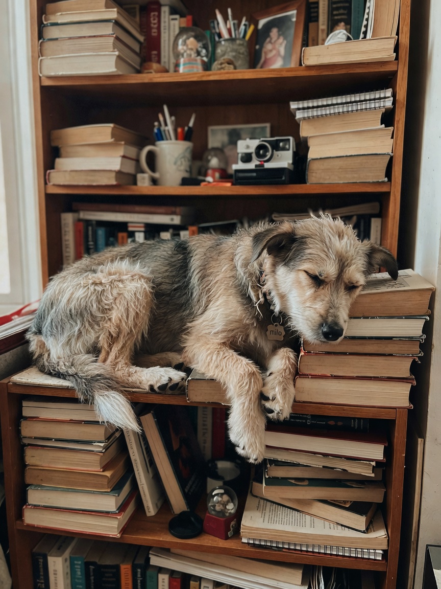 milo decided the top of the bookshelf was the perfect nap spot again. caught him
