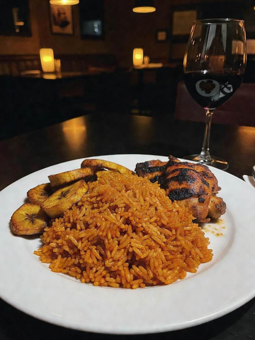 date night done right. that jollof rice hit different tonight and the wine pour 