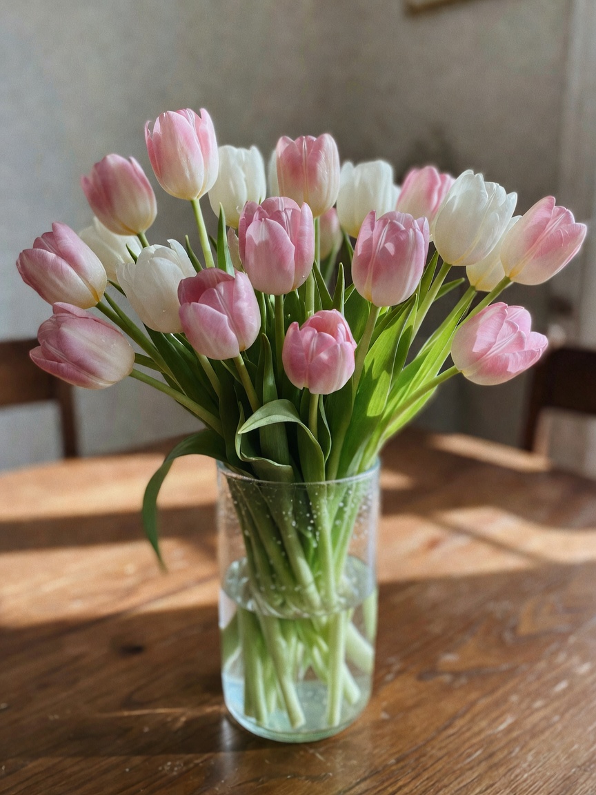 Luna knocked over the vase again but at least the tulips looked good while they 