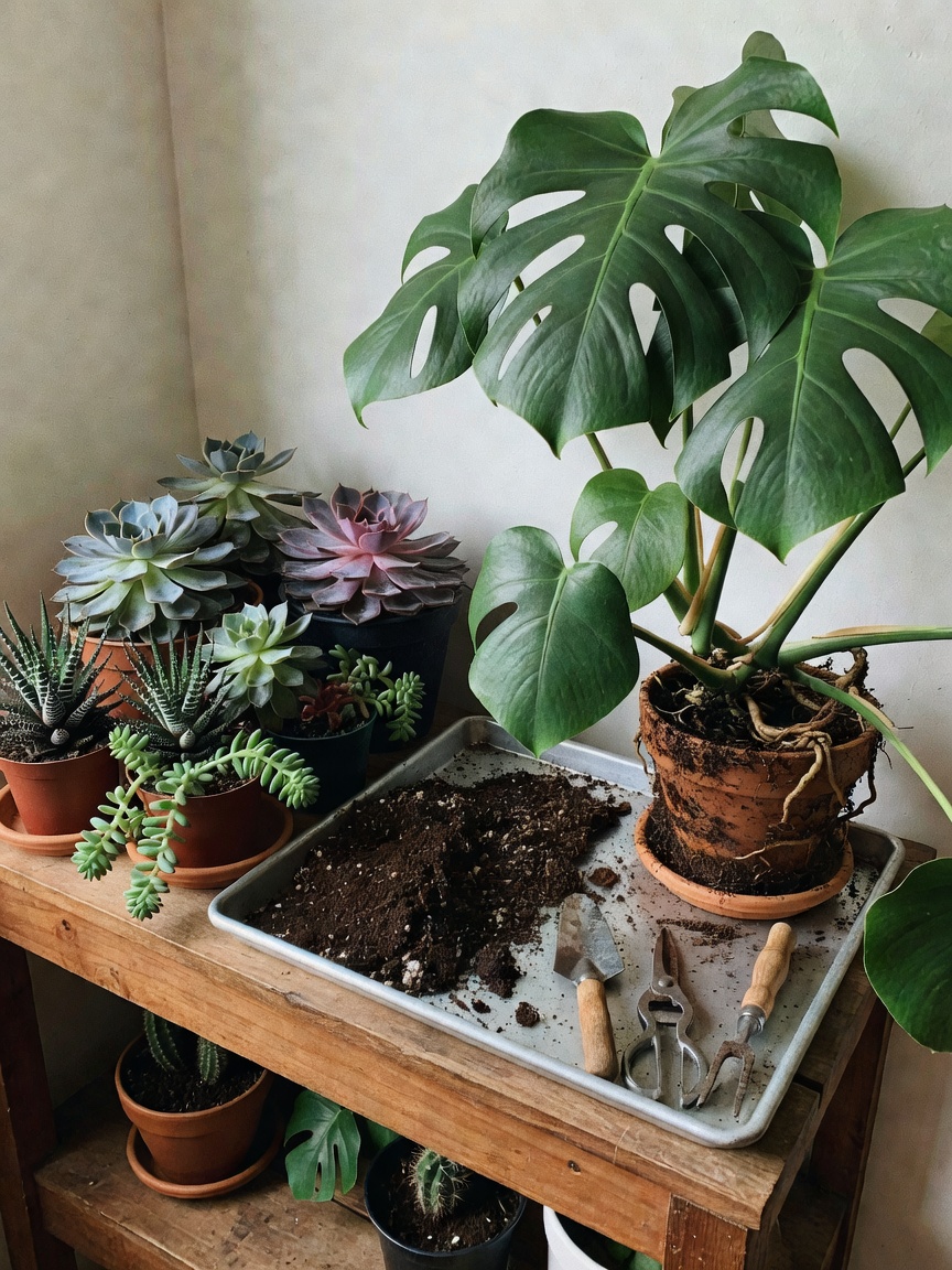 finally gave the monstera a new pot and the succulents are looking extra happy t
