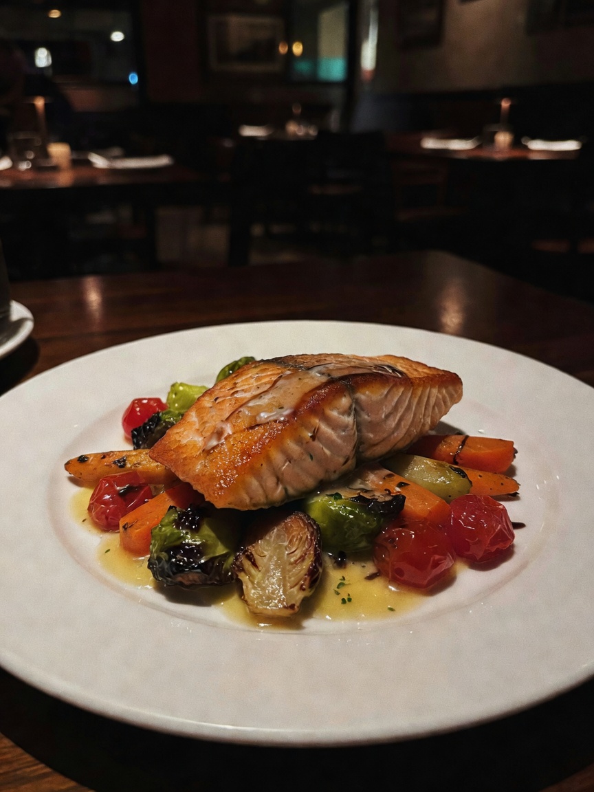 Treating myself after a solid training week. Perfectly cooked salmon, good wine,