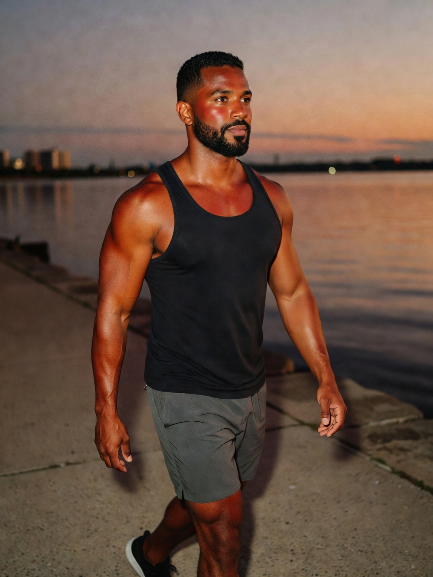 Evening walk after a heavy lift day. The pump is still there and the city lights