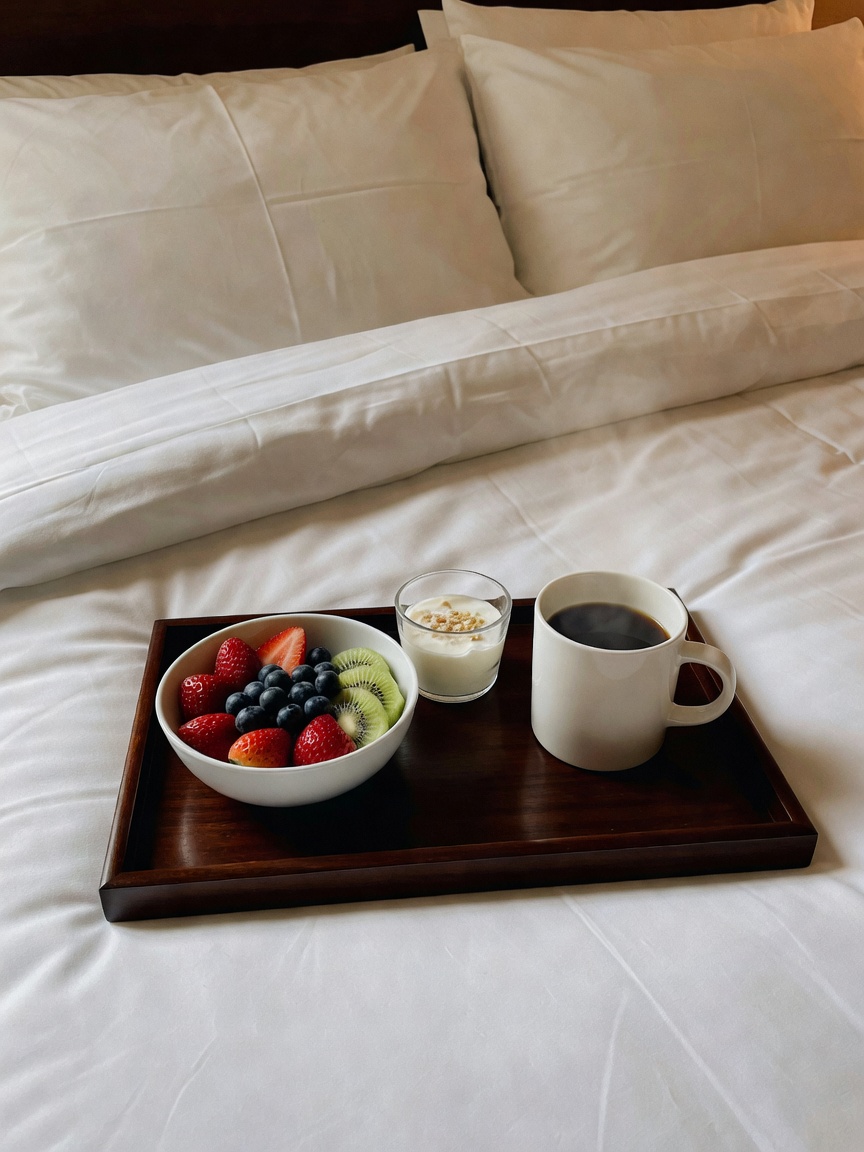 hotel mornings hit different. room service breakfast in bed, that amazing bathtu