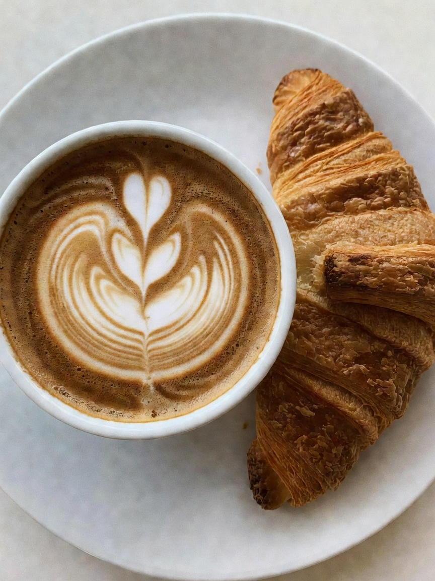 latte art hitting different today and this croissant is about to disappear. working on my next podca