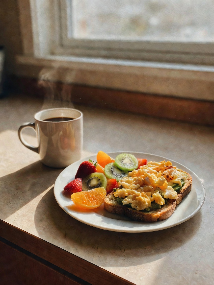 woke up like this, first coffee of the day and a simple breakfast before the rea
