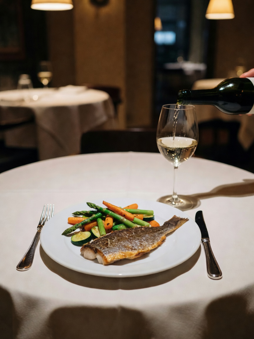 perfectly plated seabass, crisp white poured slow, and that chocolate fondant wa