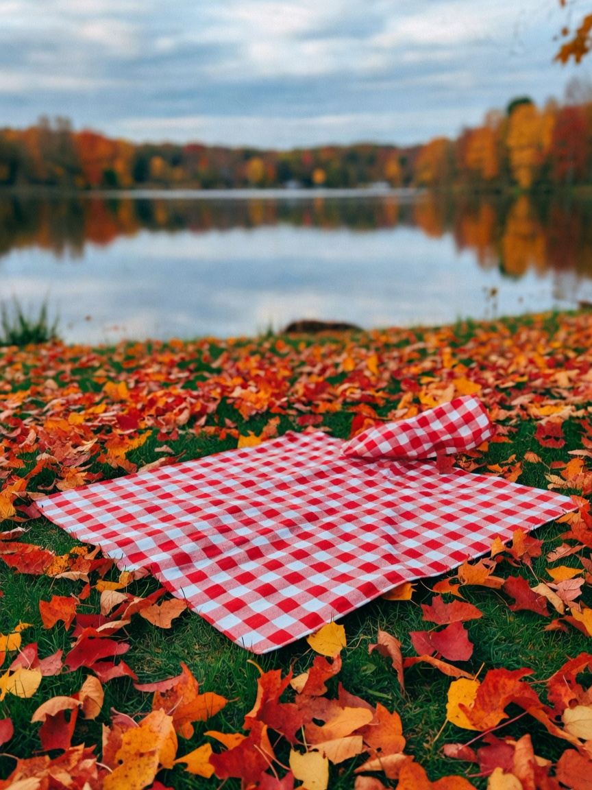 autumn picnic reset. leaves, lake, and my favorite blanket. even brought my dog for moral support. w