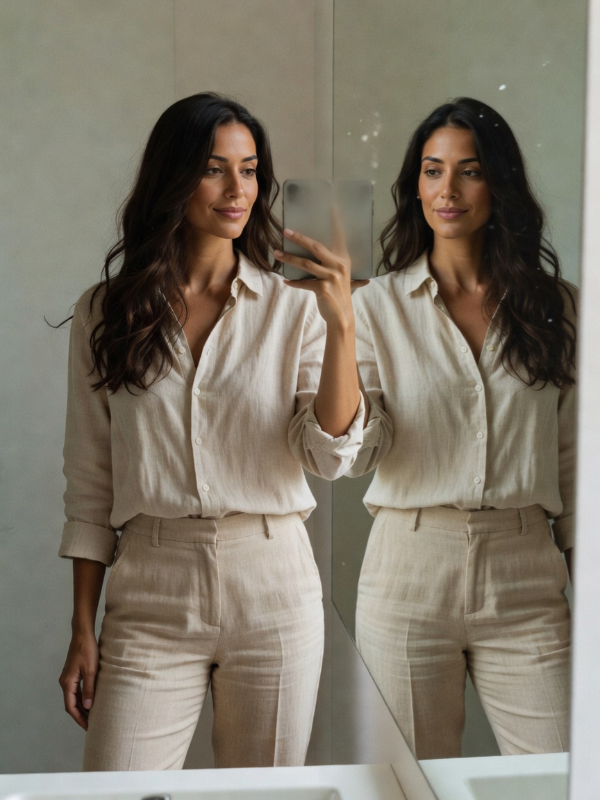 Quick mirror check before heading out. This outfit feels right for today. Simple