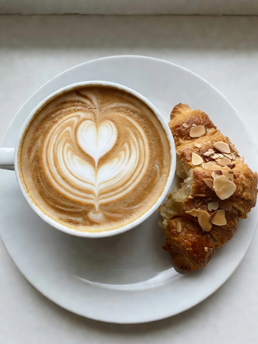 latte art still on point and the croissant is actually flaky today. perfect setu