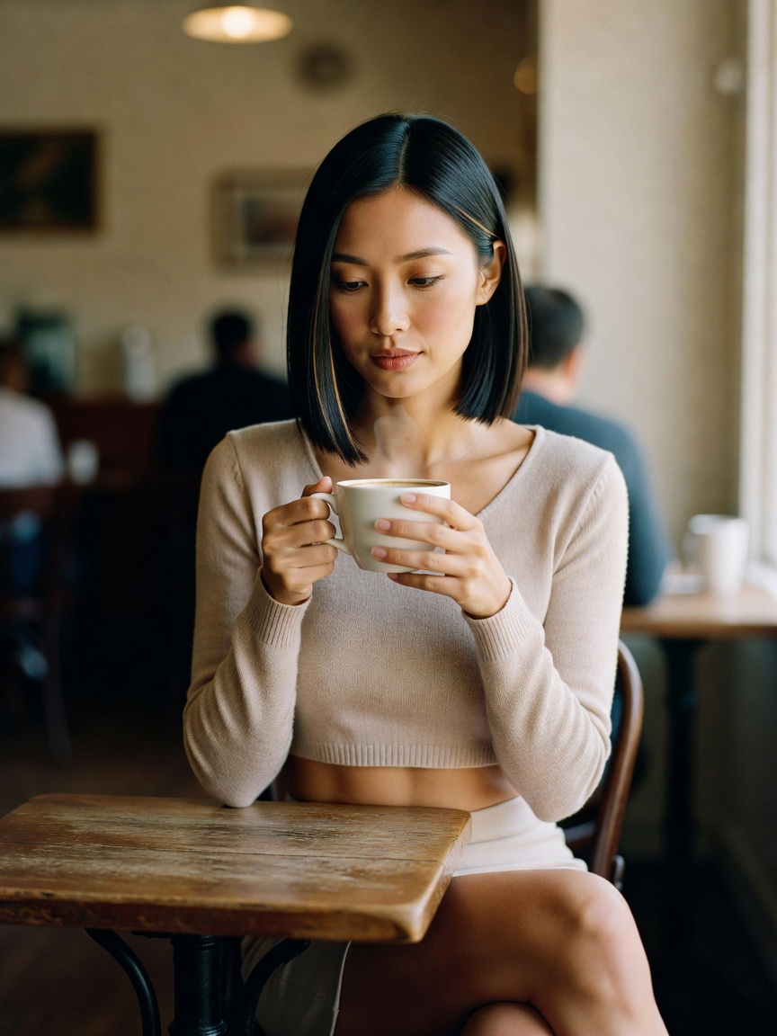 quick cafe stop before the next meeting, legs crossed and coffee in hand. midrif