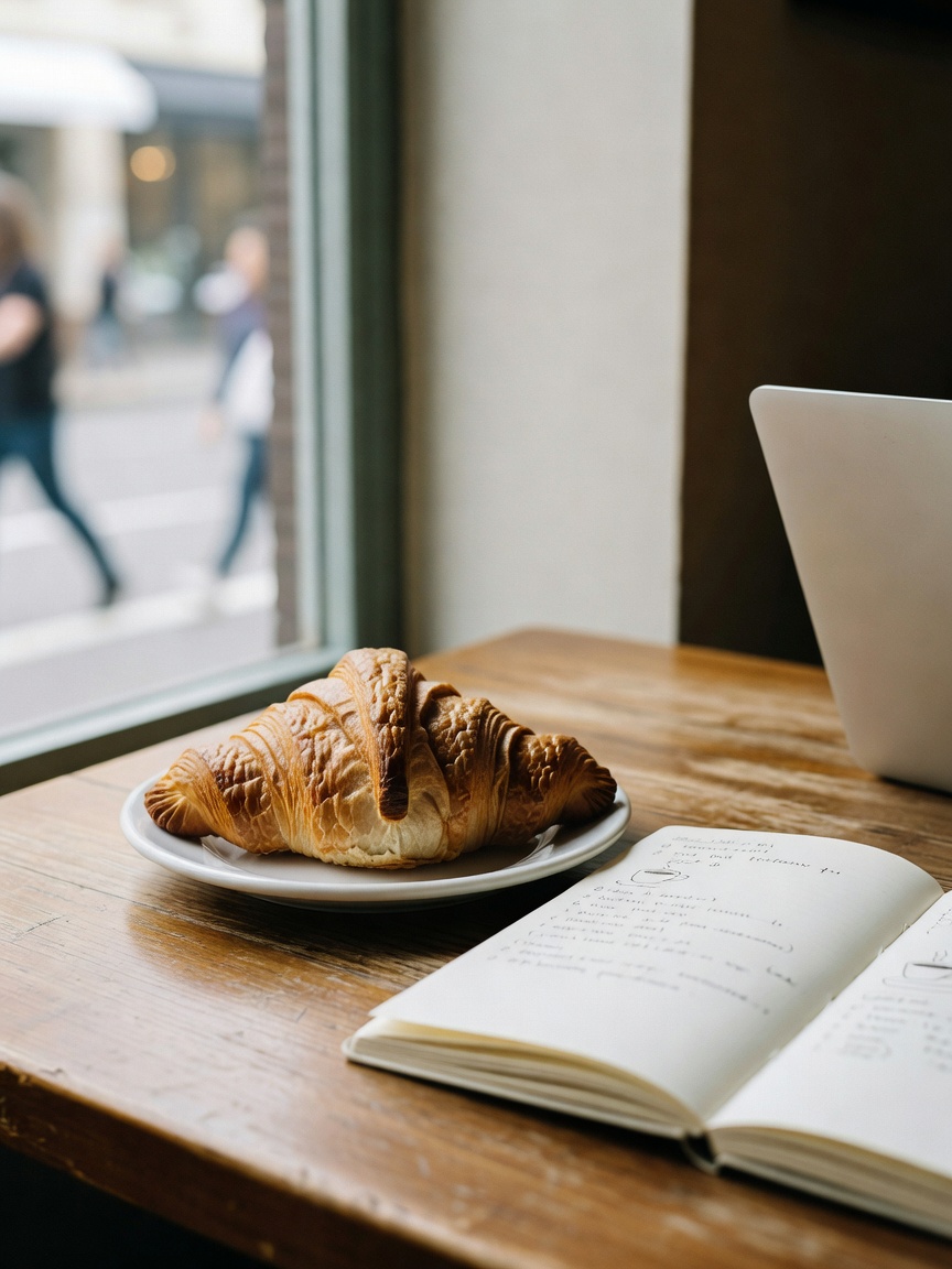 working on new client briefs with the perfect flat white and almond croissant. this corner seat by t