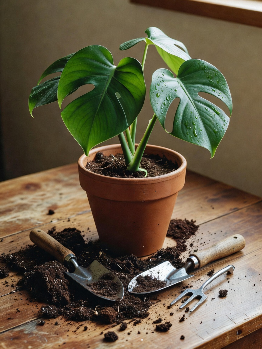 finally gave the new monstera a bigger pot. plant shelf is filling out nicely, v
