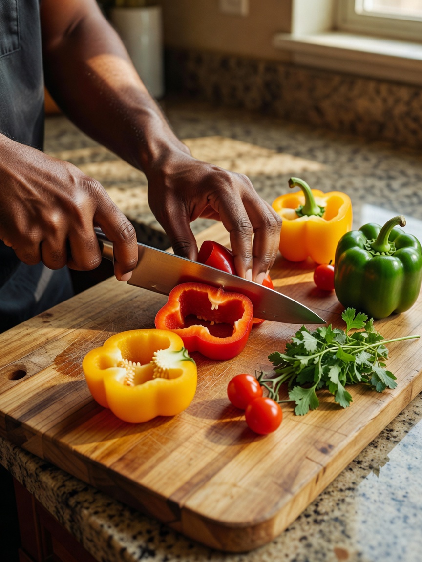Chopping up fresh peppers for tonight's Caribbean inspired dinner. Nothing bette