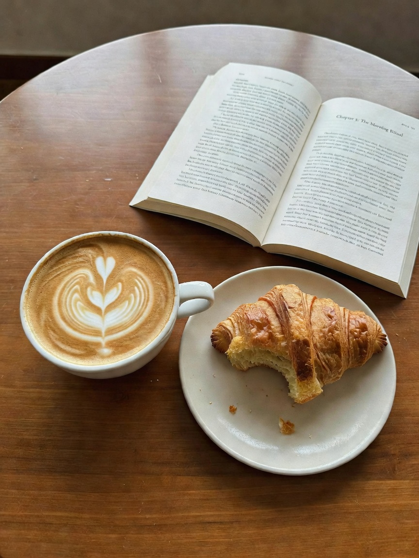 My current happy place. The barista nailed the latte art again and this book is 