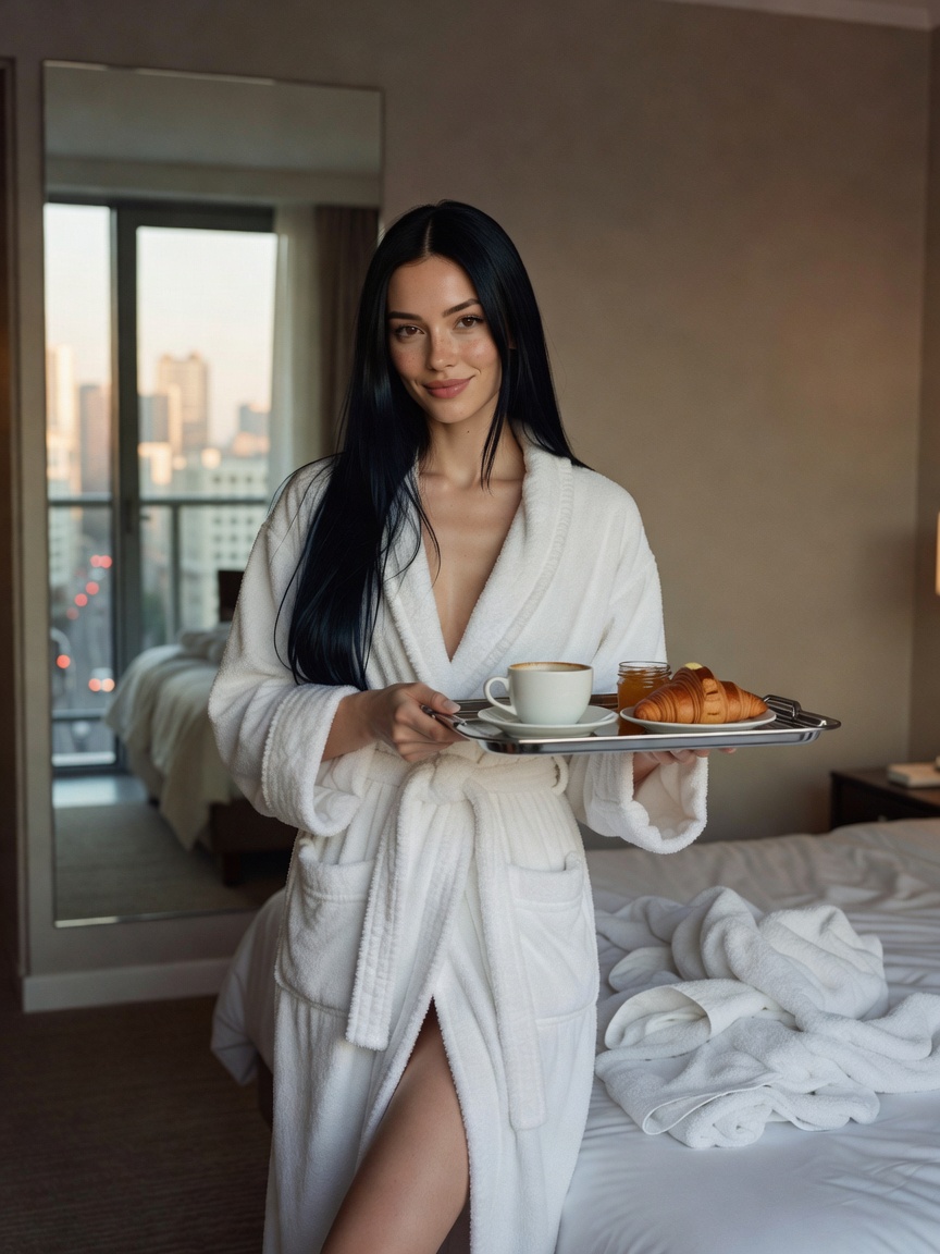room service never looked better after that yoga session... robe barely hanging 