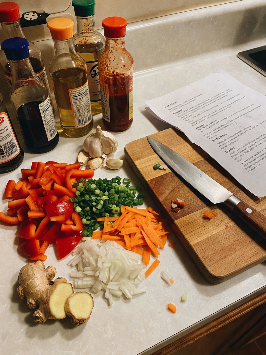 Chopping veggies for tonight's adobo inspired stir fry while Milo judges me from