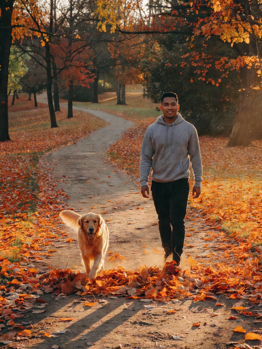 early morning stroll with luna while the sun peeks through the autumn leaves. no