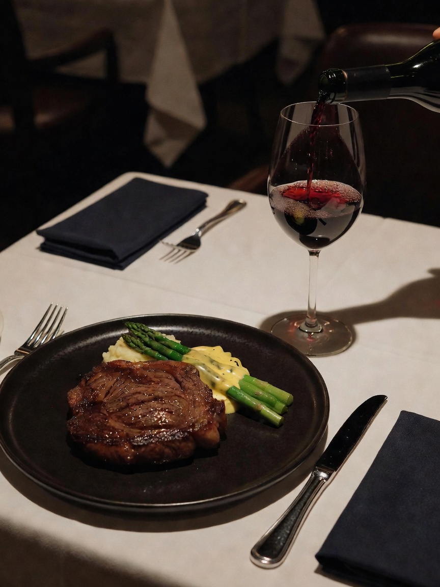 perfectly plated dinner with the right pour of red. this dessert reveal might be