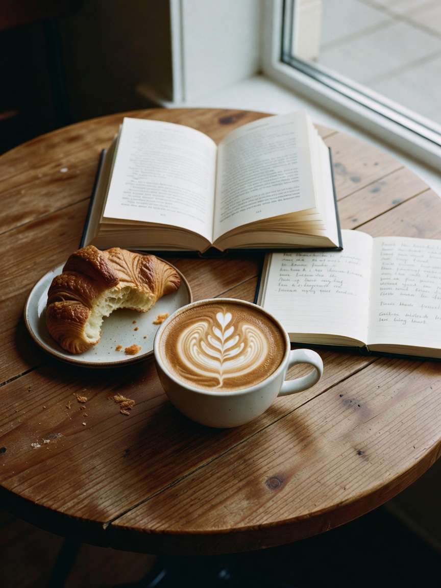 Morning reset at my favorite spot. Latte art looking clean, fresh croissant, goo