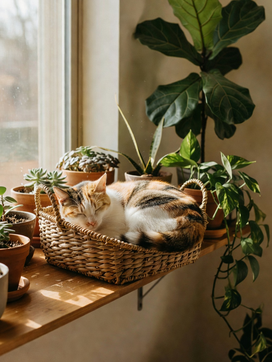 Sol has discovered the perfect sunbeam on top of my plant shelf again. Can't eve