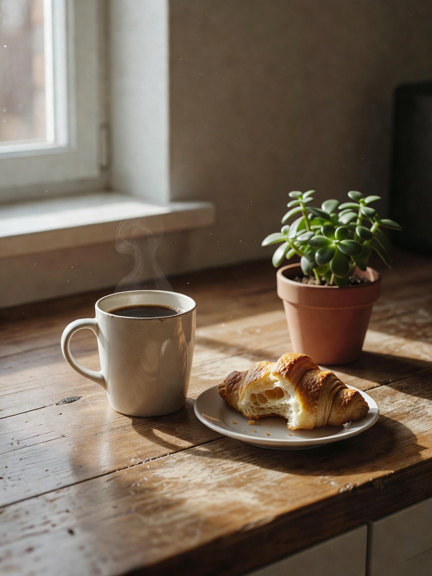 slow start with matcha and leftover croissant. bed still a mess but the sunrise 