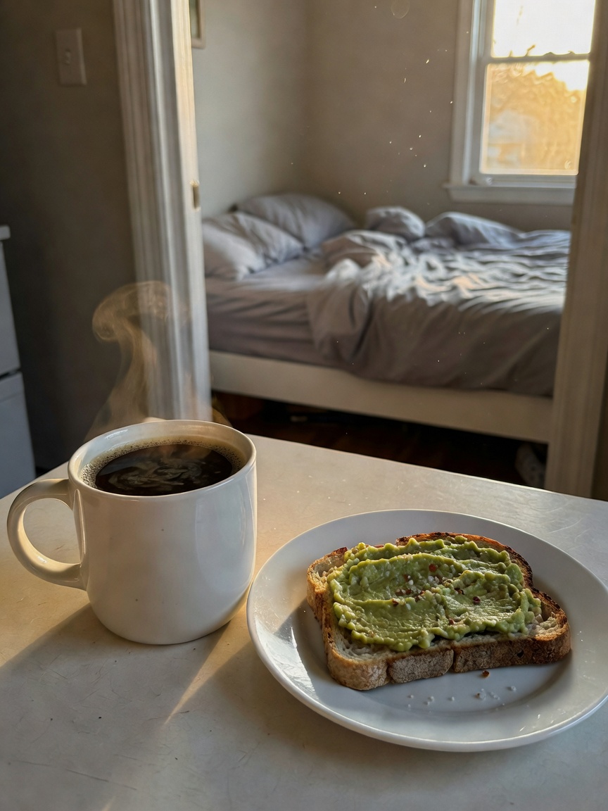 slow morning with fresh pour over and avocado toast. sunrise hitting just right 