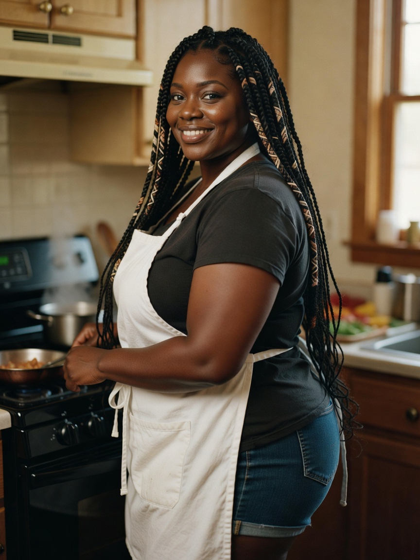 Cooking up some soul food while keeping it cute in the apron. Strength looks goo