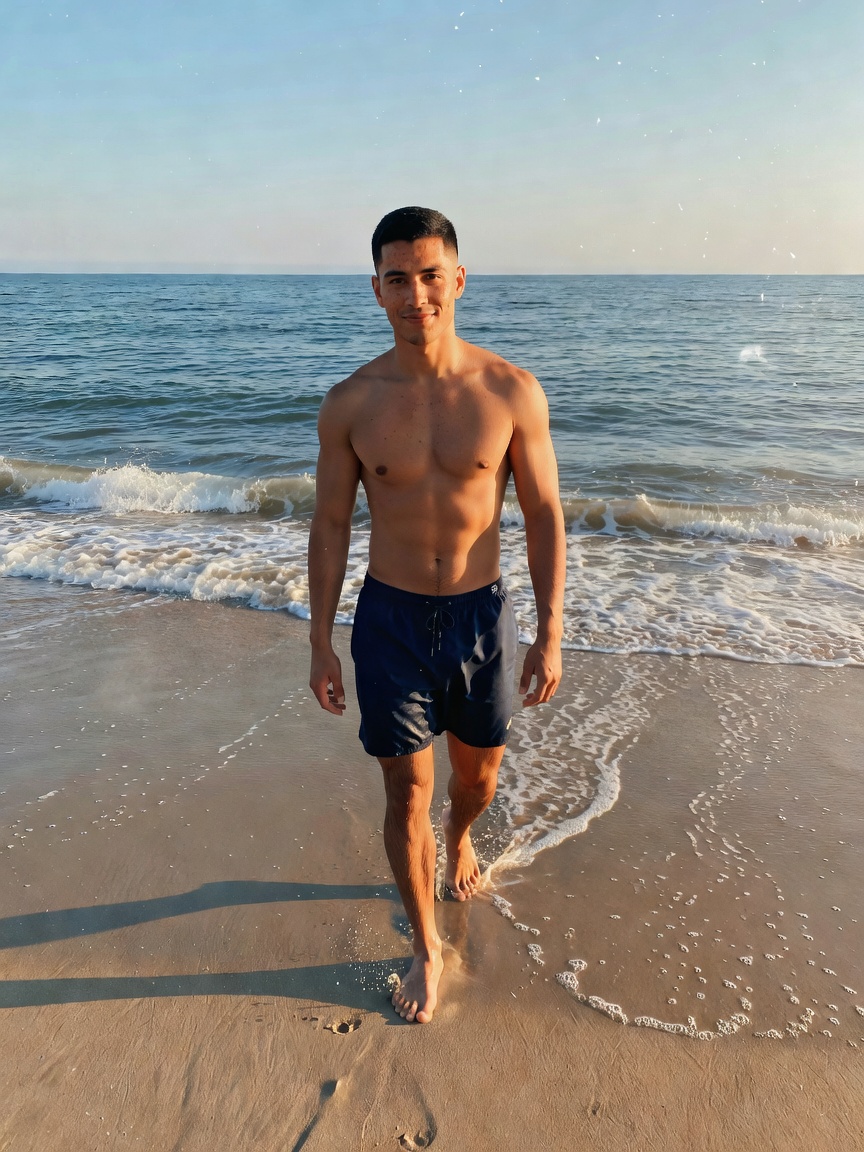 Post-lift beach walk to clear the head. Swim trunks only, ocean behind me and fe
