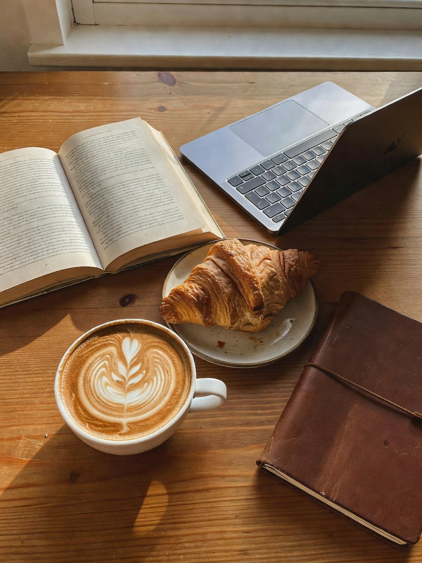 Quick reset between meetings. Latte art on point, good book, and notes flowing. 