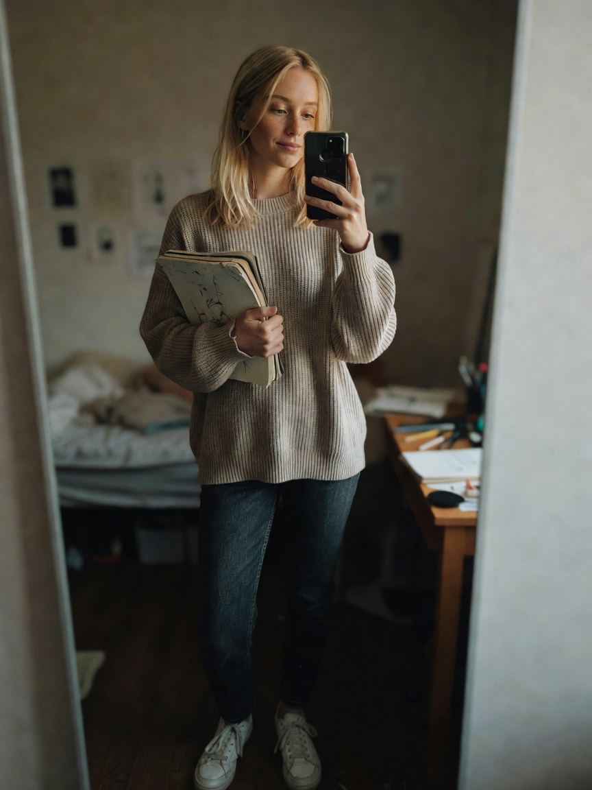 throwing together a cozy ootd for a coffee run and some sketching later. thrifte