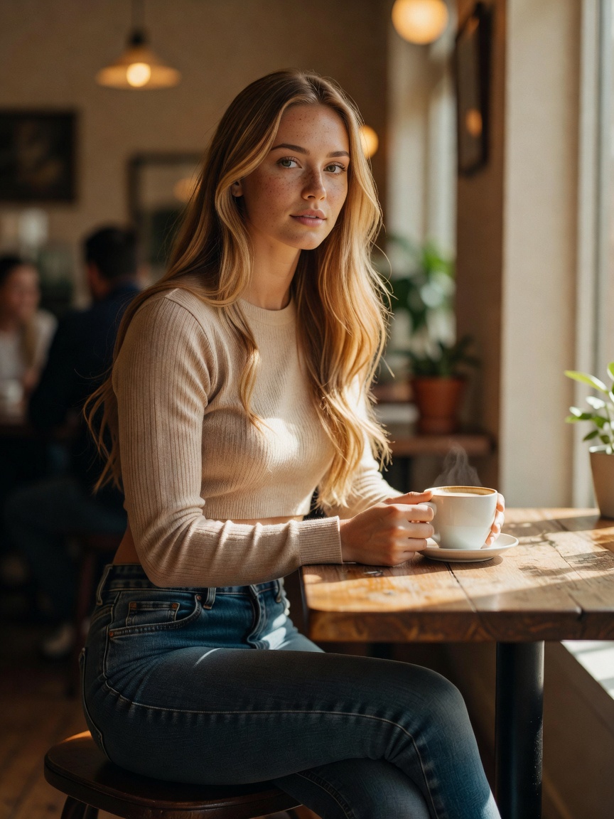 Quick cafe stop after morning flow. Cropped sweater, strong coffee, legs crossed and thoughts wander