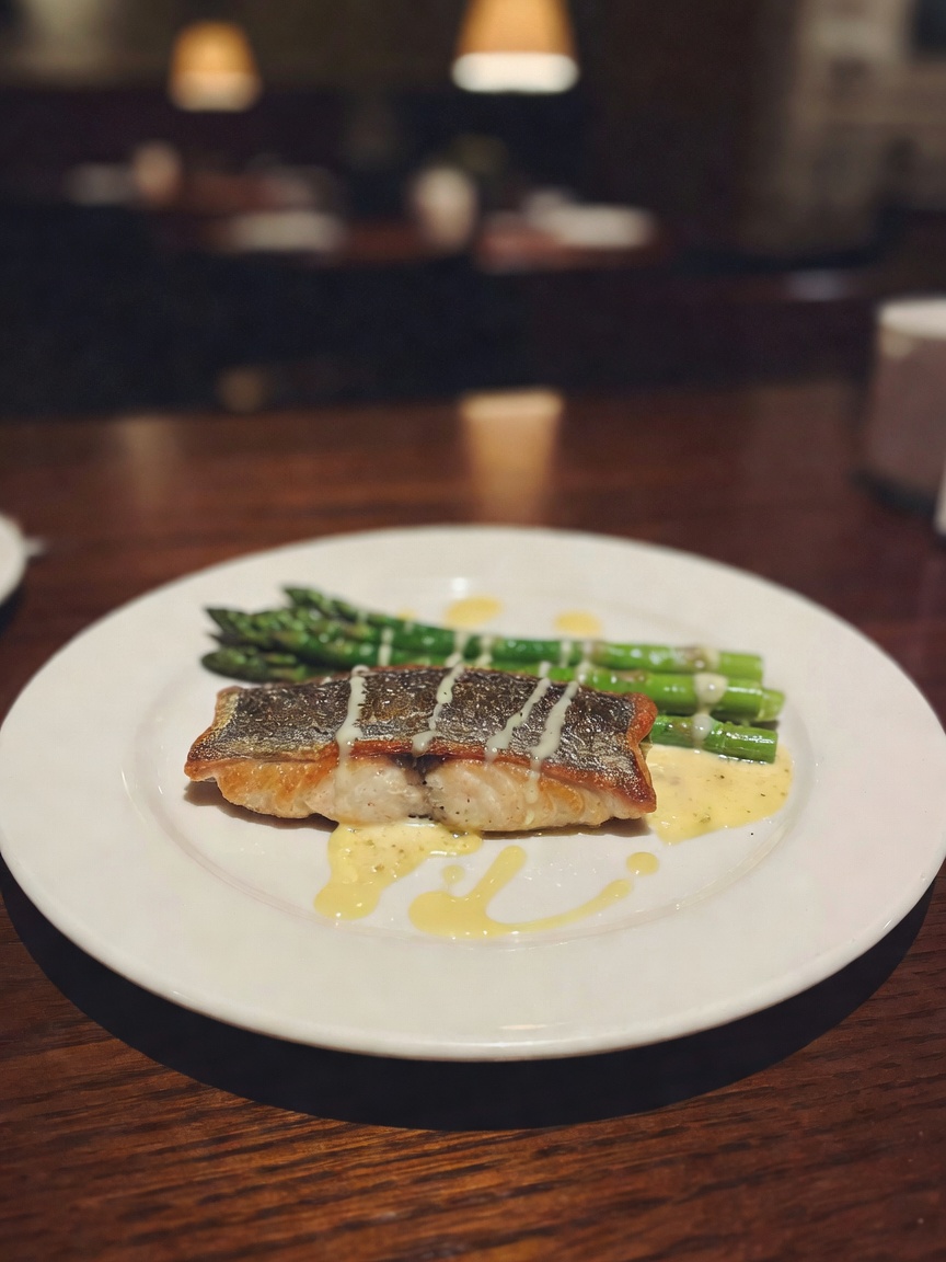 slow evening done right. perfectly plated seabass, good wine, and that chocolate