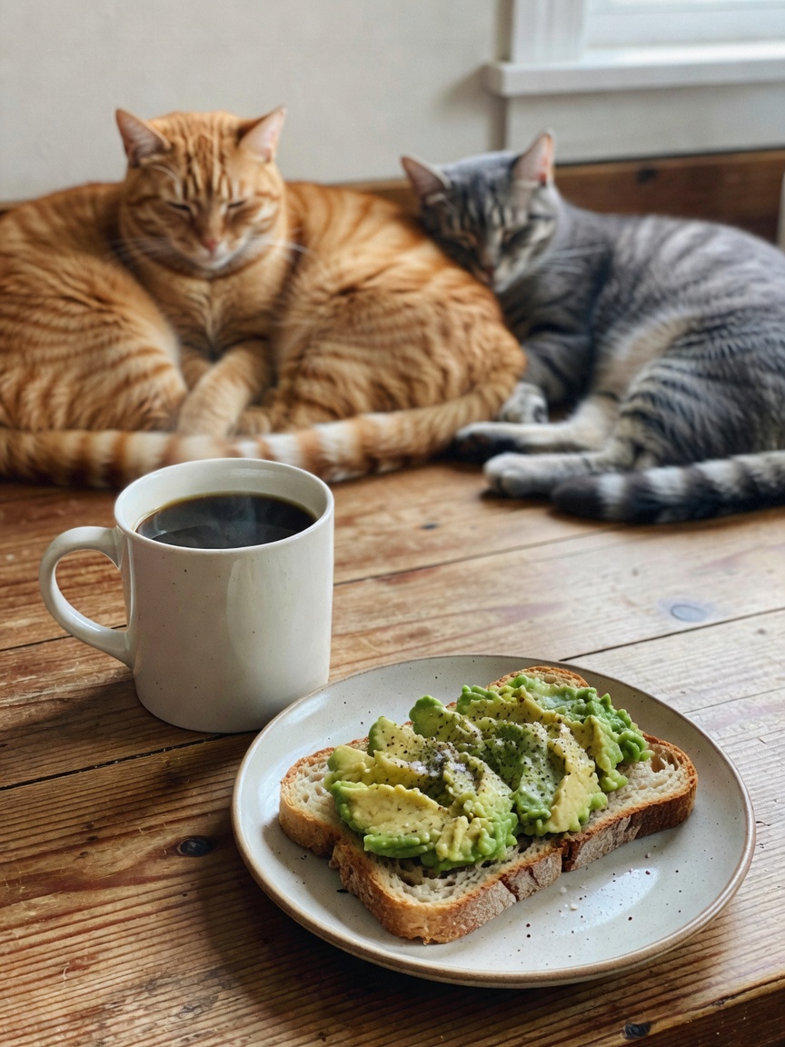 morning reset starts with this oat milk latte and avocado toast. bed still messy