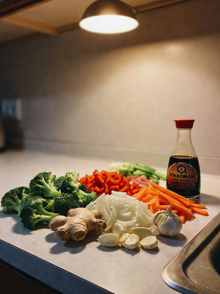experimenting with this stir-fry tonight. chopping phase done, sauce is reducing, fingers crossed it